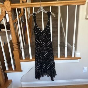 BCBG MAXAZRIA black and nude tan asymmetrical silk polka dot dress